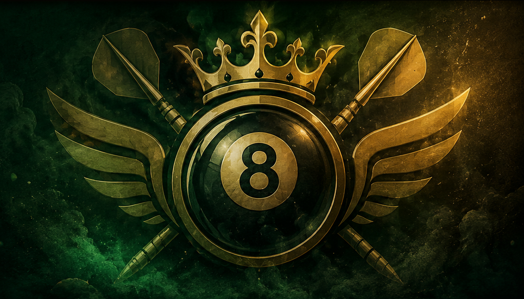 Gold crowned 8-ball with crossed darts and wings